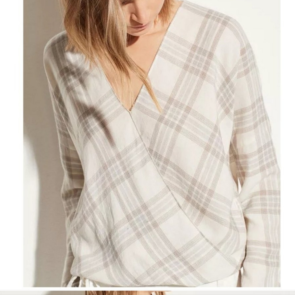 Vince Plaid Long Sleeve Plaid Crossover Top Size Small